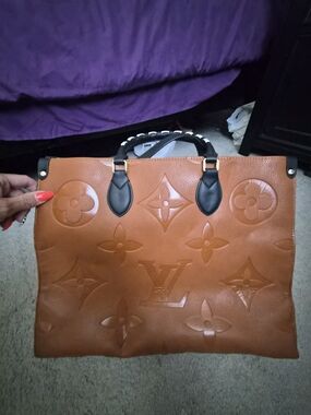 Tan Embossed Logo Tote with Black Handles